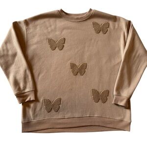 No Comment Beige Butterfly Applique Sweatshirt Large Cozy Fleece Pullover